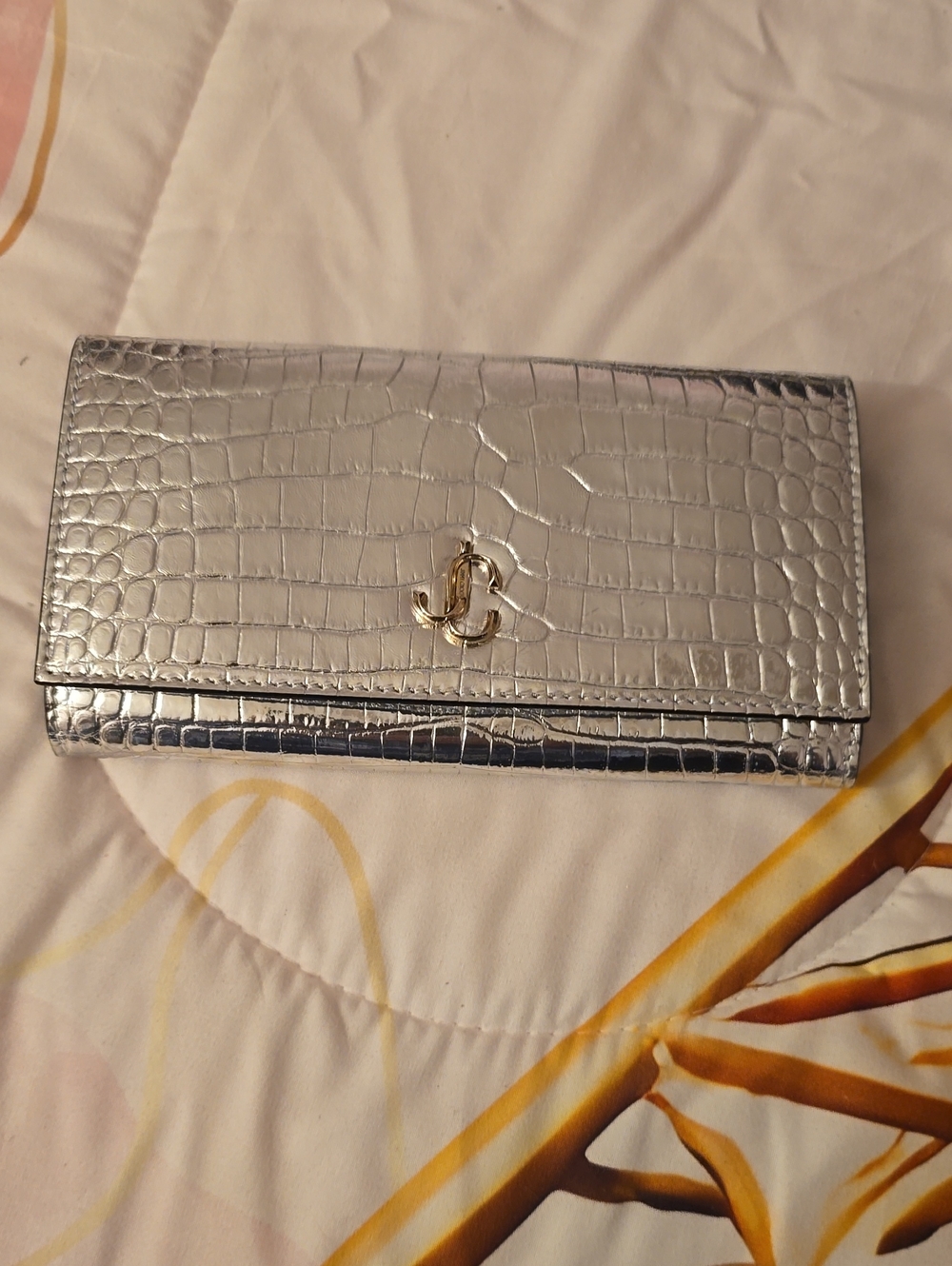 JIMMY CHOO Silver Croc-Embossed Women's Wallet with Gold Accent